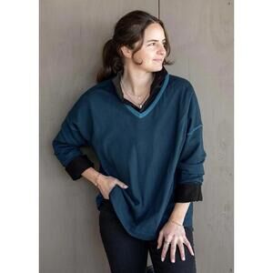 NWT Mersea Delmar Deep Teal Contrast‎ V-Neck Cashmere Blend Sweater Sz Petite